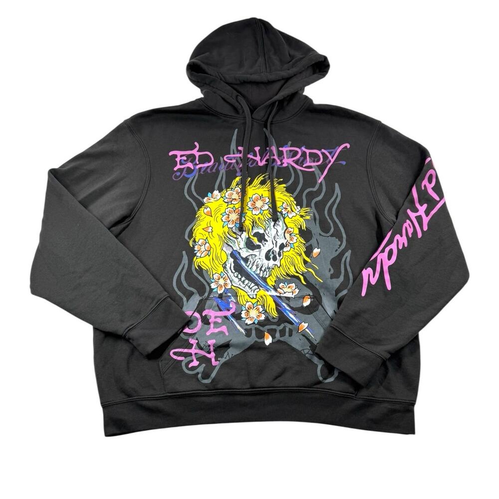 Ed Hardy Retro Skull Pullover Hoodie Mens L Floral Skater Punk Grunge Goth Grey